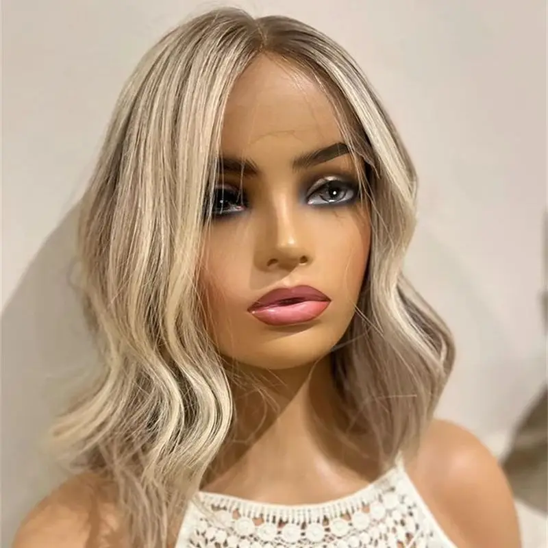 

New Short Bob Wig Ash Blonde Highlights Real Human Hair Wigs HD 13x6 Wave Lace Frontal Wig Balayage Glueless Natural Roots