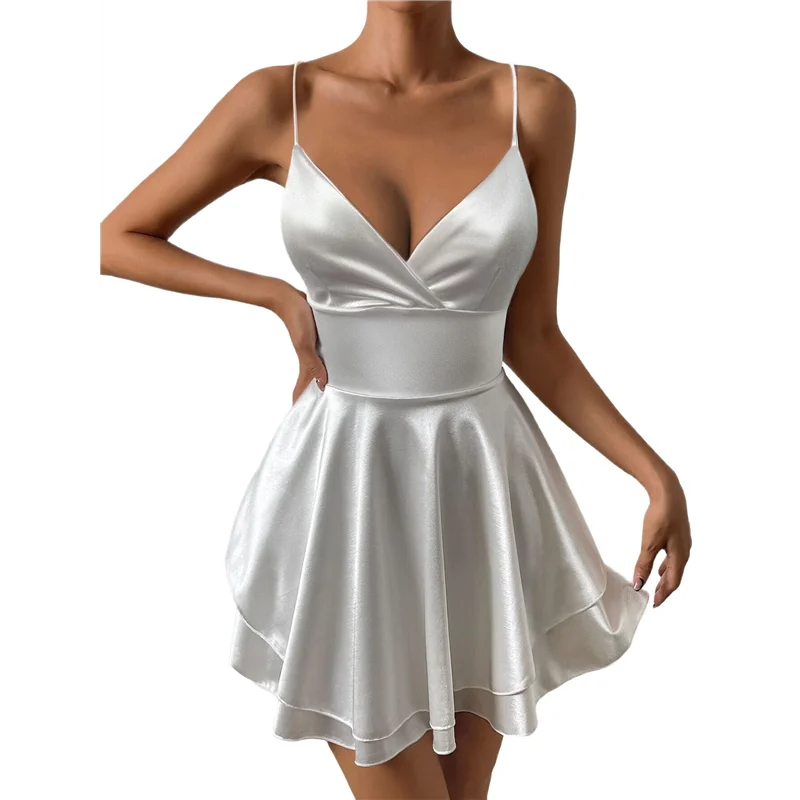 

CYL-Женское атласное платье на тонких бретельках без рукавов с глубоким вырезом и открытой спиной, короткий комбинезон, вечерние комбинезоны, мини-сарафан