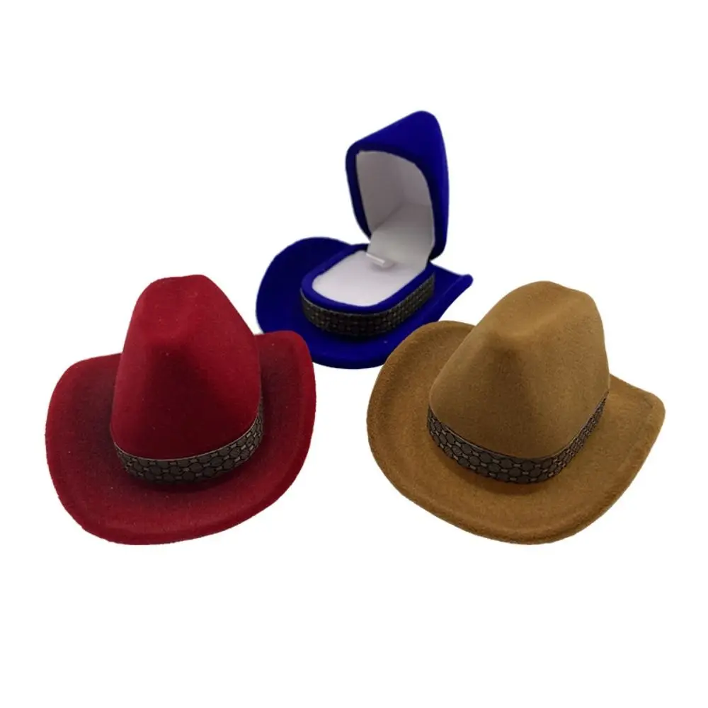 Vintage Western Cowboy Hat Ring Box Personalized Fashion Jewelry Storage Boxes Portable Flocked Creative Ring Box Girl