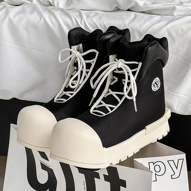 2024 New Women Big Head Canvas Thick Sole Heightening High Top Versatile Couple Sports and Leisure Trendy Platform Shoes Men