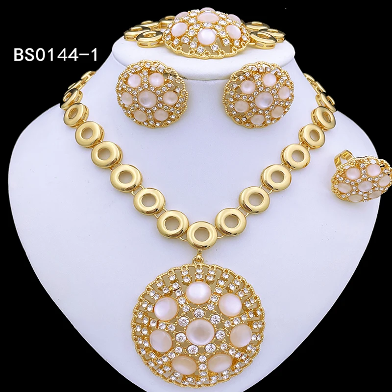 Italy 18k Gold Plated Jewelry Set For Women Luxury Design White Opal Necklace Earrings Bracelet And Ring 4PCS Set Jewelry