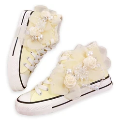 Lace Canvas Shoes Womens High Top Shoes Handmade Solid Color Tenis Feminino Yellow Casual Shoes Denim Canvas Shoes