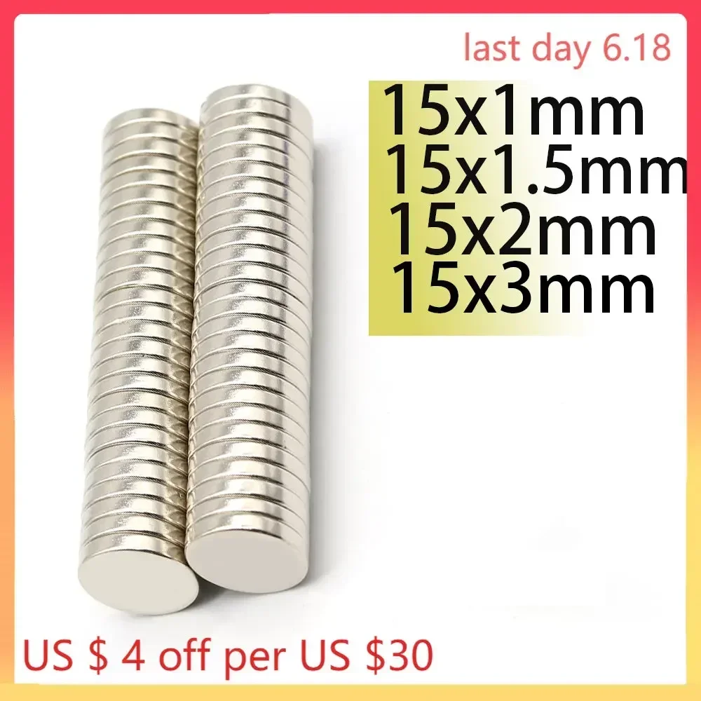 N35 15x1mm 15x2mm 15x3mm Magnet  Neodymium Nickle Coating Search Magnetic Scooter Fridge Motor Generation Factory Aiment Strong