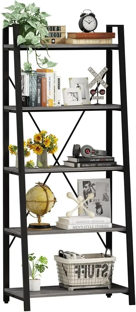 5-Tier Ladder Shelf, Industrial Leaning Bookcase, Wood and Metal Ladder Bookshelf for Living Room, Bedroom, Kitchen,