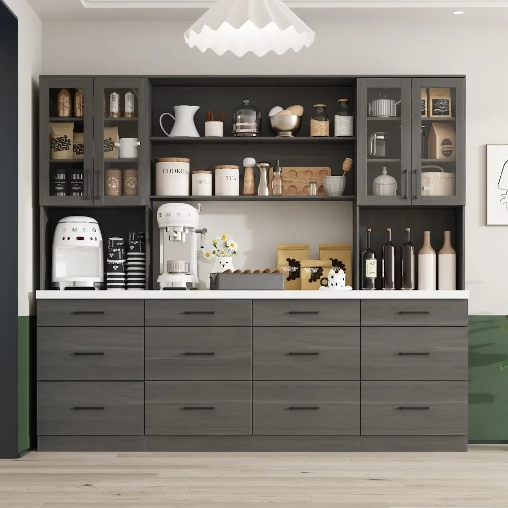 

Kitchen Pantry with Countertop, Drawers & Glass Doors, Modern Wooden Cupboard Storage Cabinet for Kitchen Dining Room