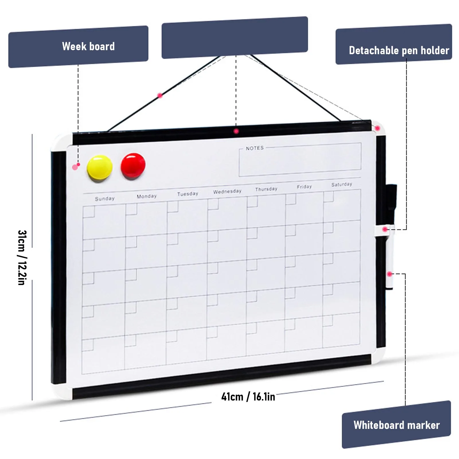 Lavagna cancellabile a secco Calendario mensile da parete Lavagna bianca magnetica portatile bifacciale con cornice in alluminio nero per la casa