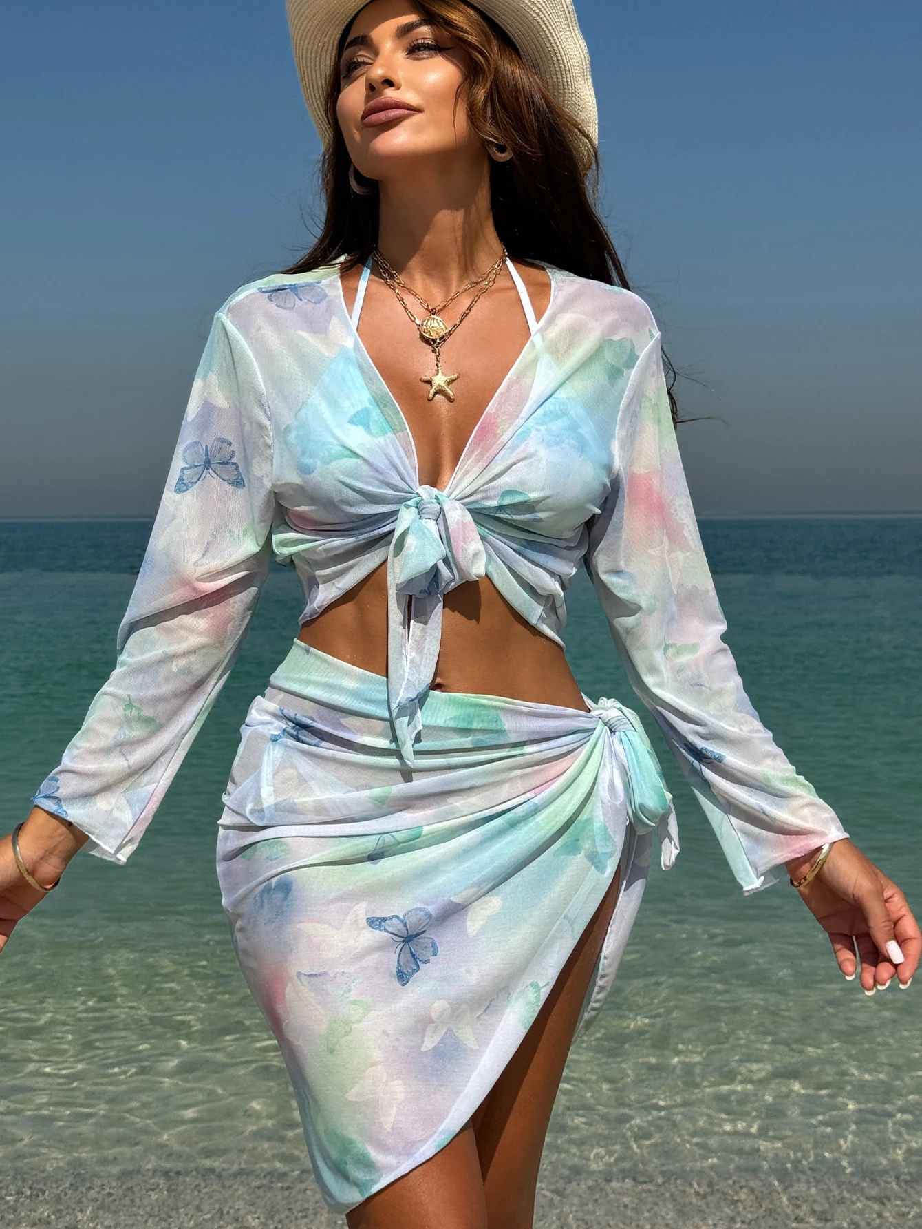 

Женский комплект бикини с принтом бабочек, прозрачная накидка-рубашка с длинными рукавами и юбка-обертка, плавки с полным покрытием