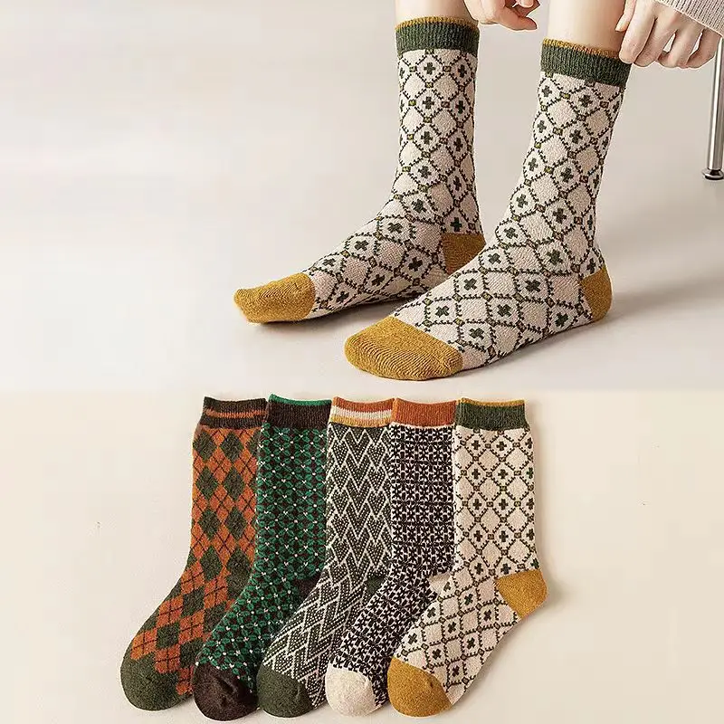 5-Pack Women's Thick Wool Blend Socks - Geometric Korean Luxury Design, Ultra Warm Winter Long Socks for Cold Weather