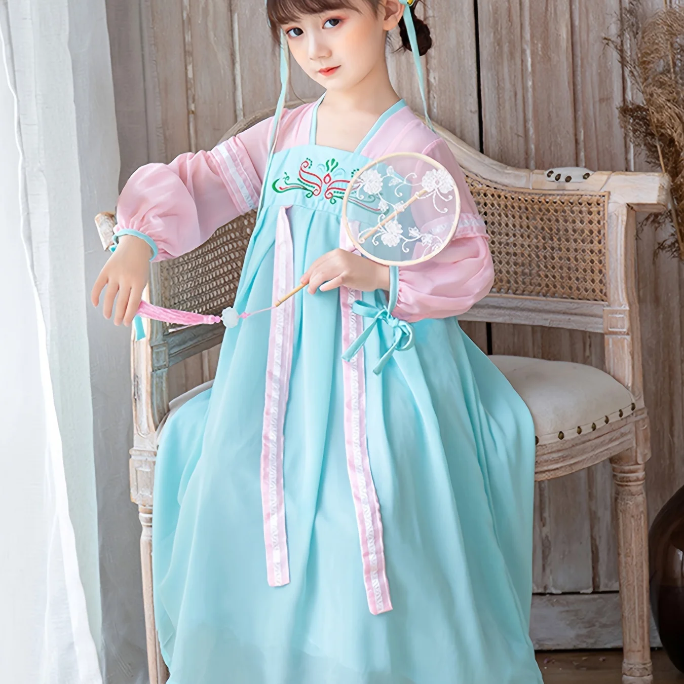 Meninas chinês antiguidade hanfu tang flor bordado mangas compridas chiffon azul princesa vestido primavera festival trajes de ano novo