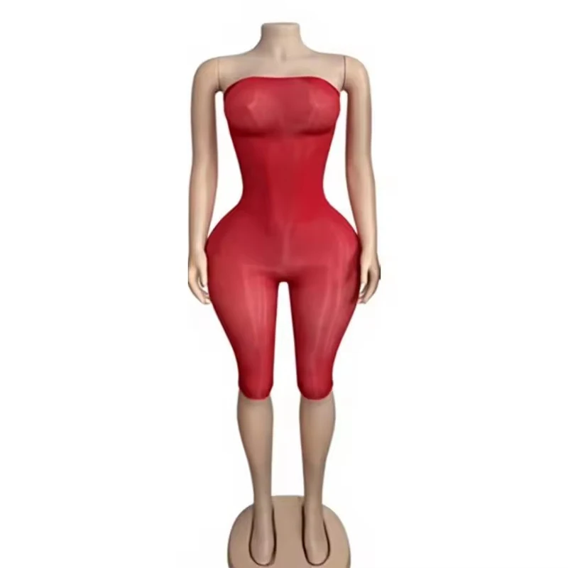 2026 Sommer Heißer Verkauf Damen Transparenter Off-Shoulder Mesh Jumpsuit Rückenfreier Bodycon Capri Unitard Sexy Clubwear Playsuit – Detail 5