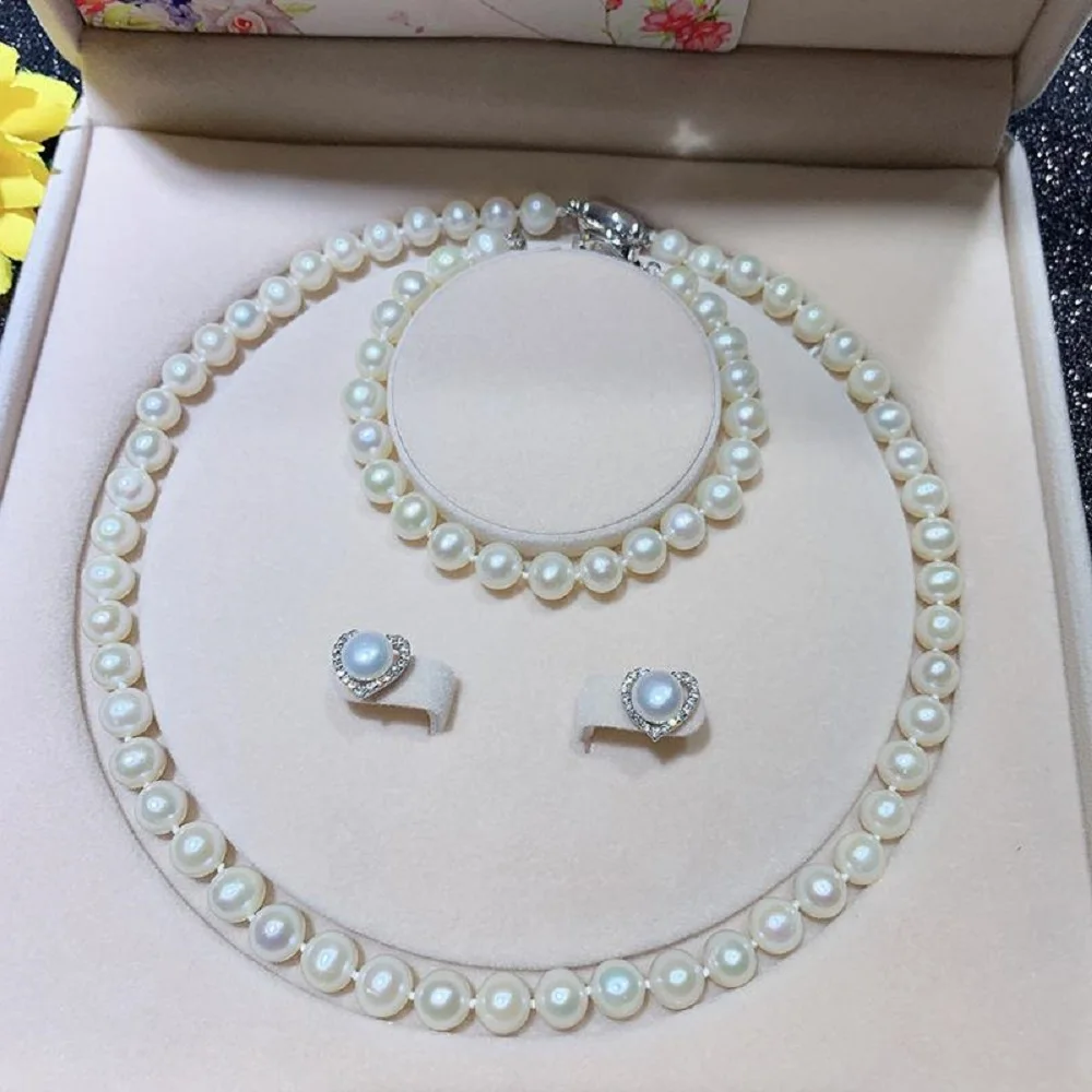 Natural AAAA8-9mm Pearl Necklace 18in+Bracelet 7.5-8in Earrings 3-Piece Set 925s- view 3