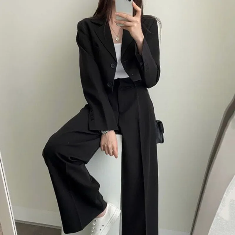 Kimotimo Women Solid Two Piece Sets Korean Chic Casual Turn-down Collar Short Blazer Coat + High Waist Wide Leg Long Pants Ins