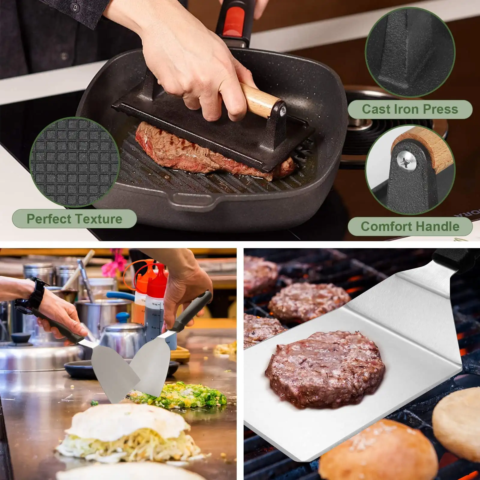 Stainless Steel Griddle Accessories Kit with Spatula, Scraper, Basting Cover & Grill Tools