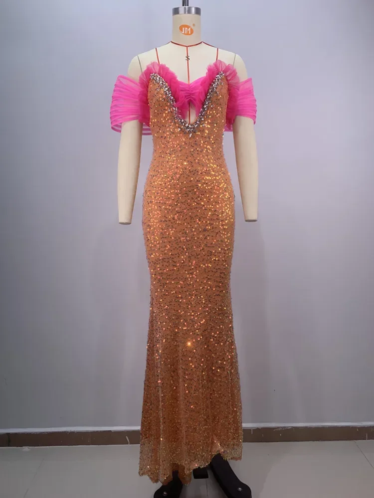 Robe de soirée à paillettes dorées pour femmes, patch en maille rose, robe de Rhmaxi longue, robe de célébrité, robe de soirée, tout ce qui est design de luxe