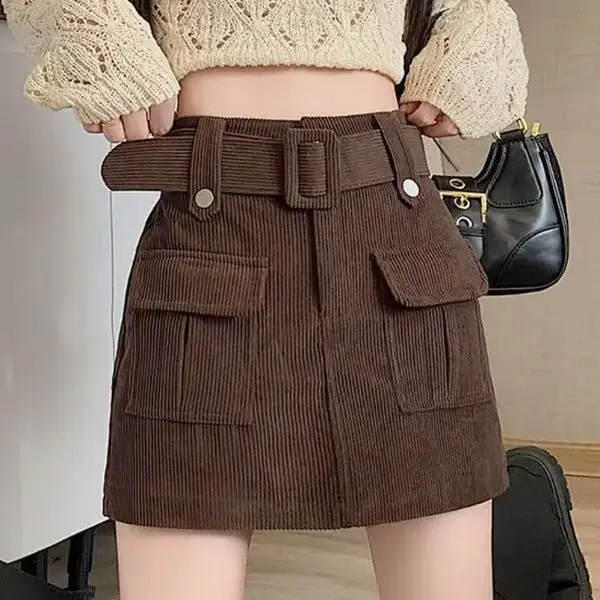 

American Workwear Skirt Corduroy Women 2024 Autumn Winter New Style Retro High-Waisted A-Line Hip-Covering Short Skirt Culottes