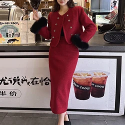 Fall Small Fragrance Vintage Winter Two Piece Set Women Crop Top Woolen Short Jacket Coat + Mid Skirts Sets Sweet 2 Piece Suits