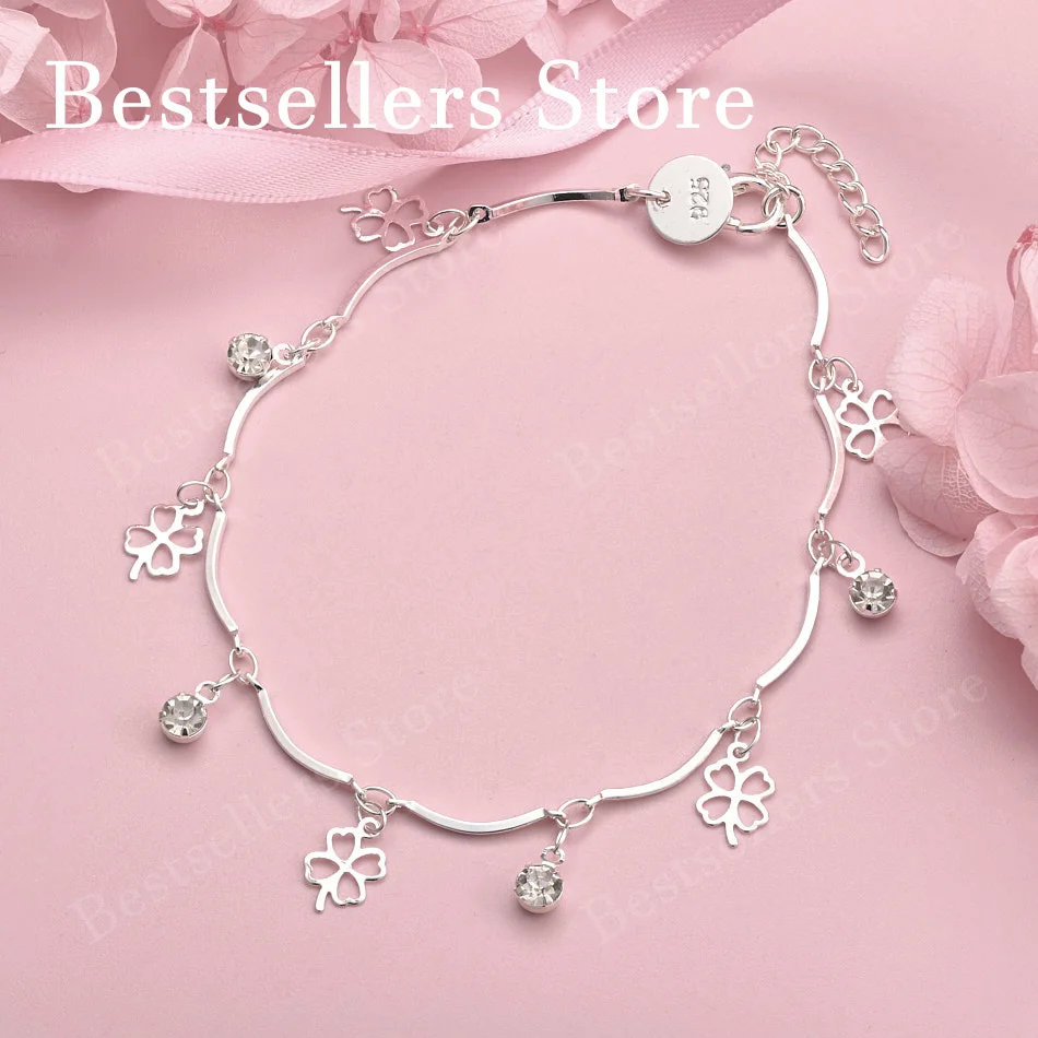 

925 Sterling Silver 8-inch Openwork Four-Leaf Clover Bracelet for Women - Fashion Party Gift Jewelry