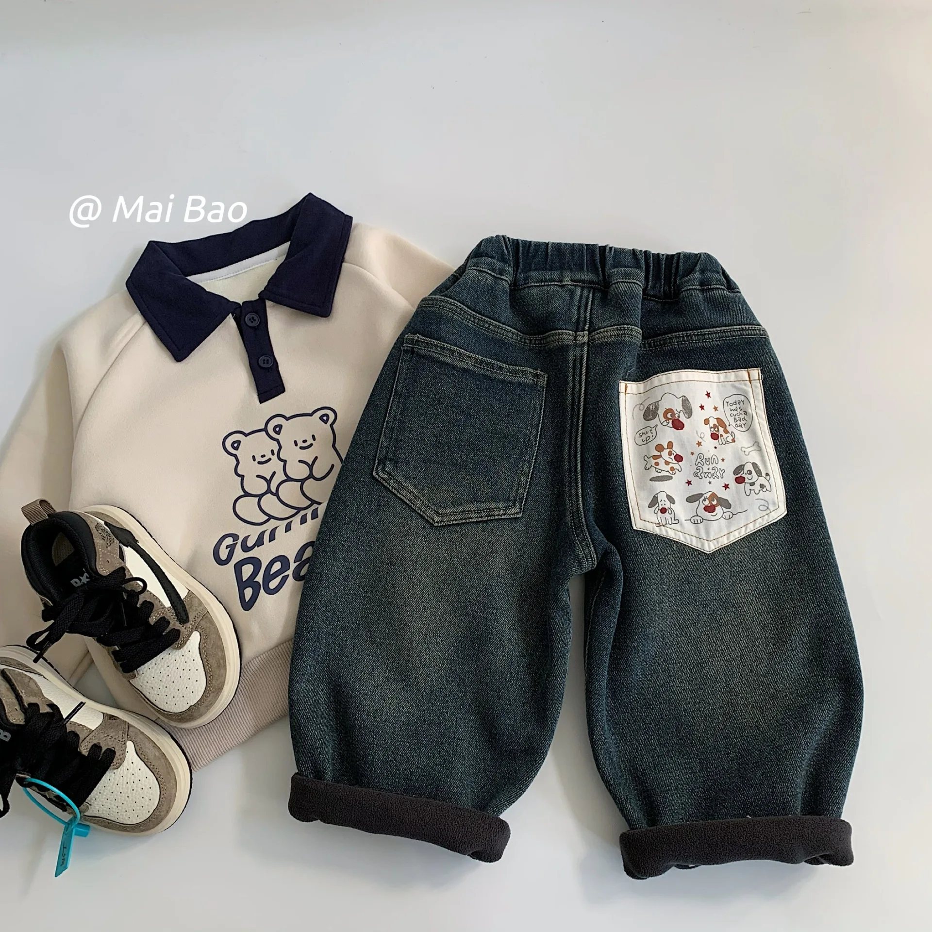 Children Clothing Kids Casual Fleece All Match Jeans 2024 Winter New Boys Handsome Solid Color Cartoon Pocket Design Pants