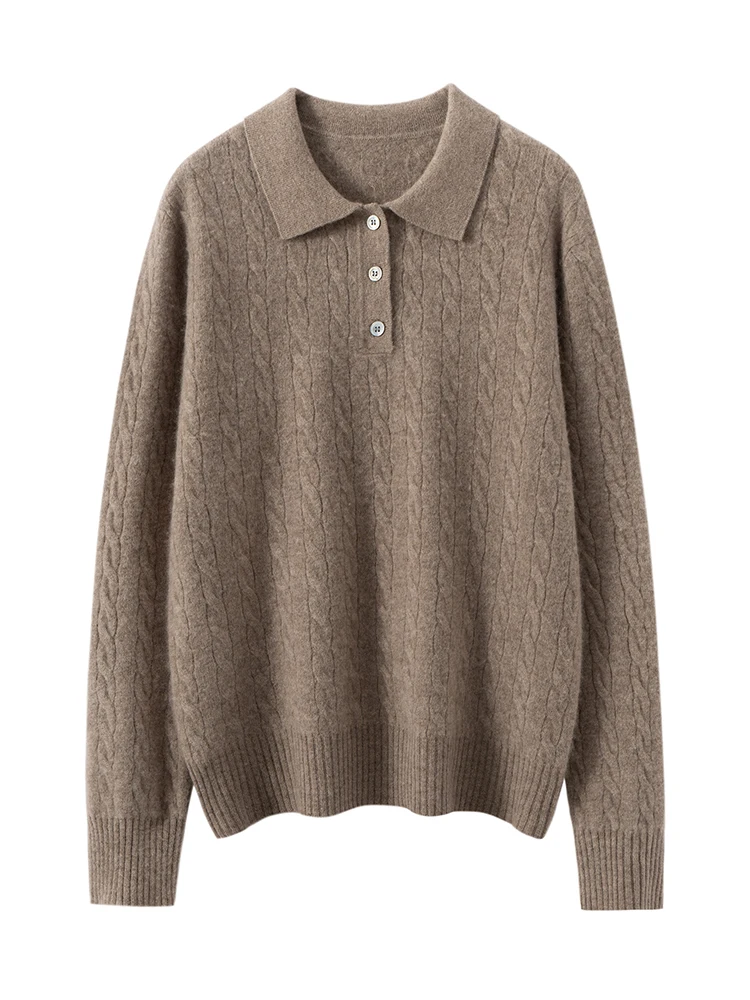 

TLOML Women's 100% Cashmere Sweater Autumn Winter Polo Collar Pullover Cable Knitting Casual Style Cashmere Knitwear Soft Tops
