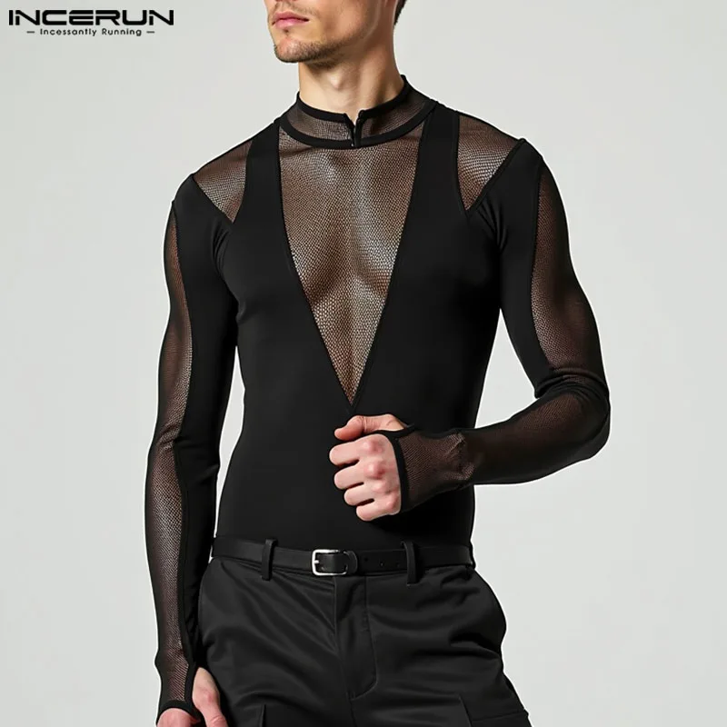 INCERUN American Style Fashion Jumpsuit New Men Sexy Mesh Splicing Rompers Thin Tight Stand Neck Long Sleeved Triangle Bodysuits