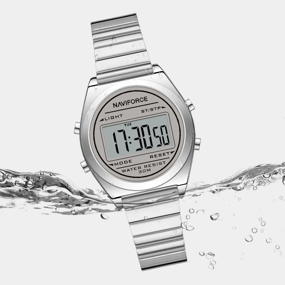 

NAVIFORCE женские водонепроницаемые часы с цифровым механизмом, женские светящиеся часы с ремешком из нержавеющей стали, закаленное стекло