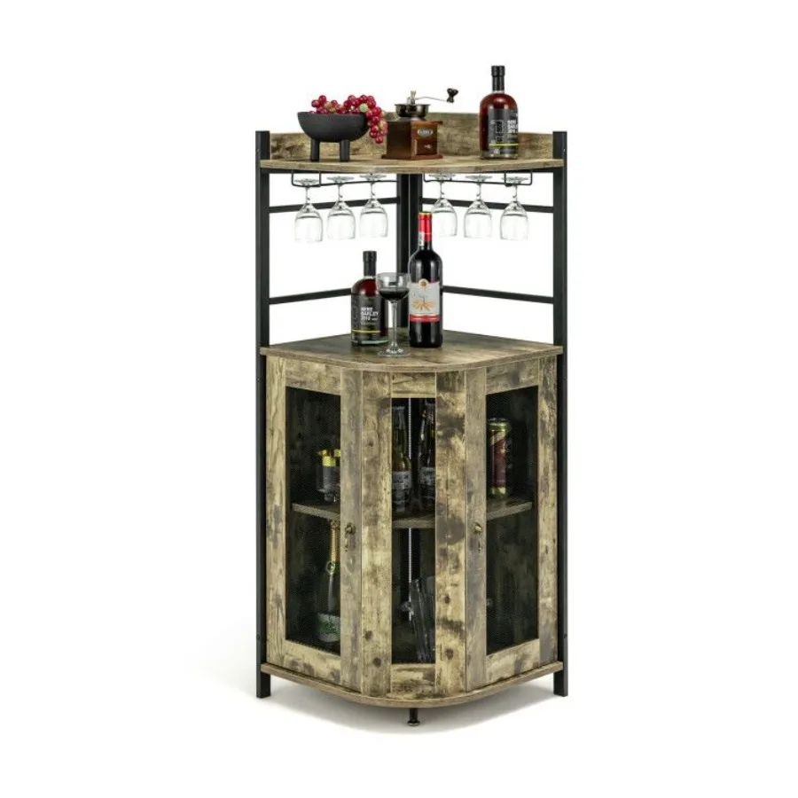 

Industrial Corner Bar Cabinet with Glass Holder and Adjustable Shelf