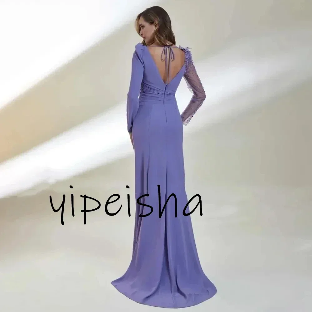 ชุดราตรีสั่งตัด ดีไซน์หรูหราทันสมัย ทรงเมอร์เมด เปิดหลัง ประดับเลื่อมและลูกปัด ผ่าข้าง สำหรับผู้หญิง แขนยาว สำหรับงานเลี้ยงอย่างเป็นทางการ