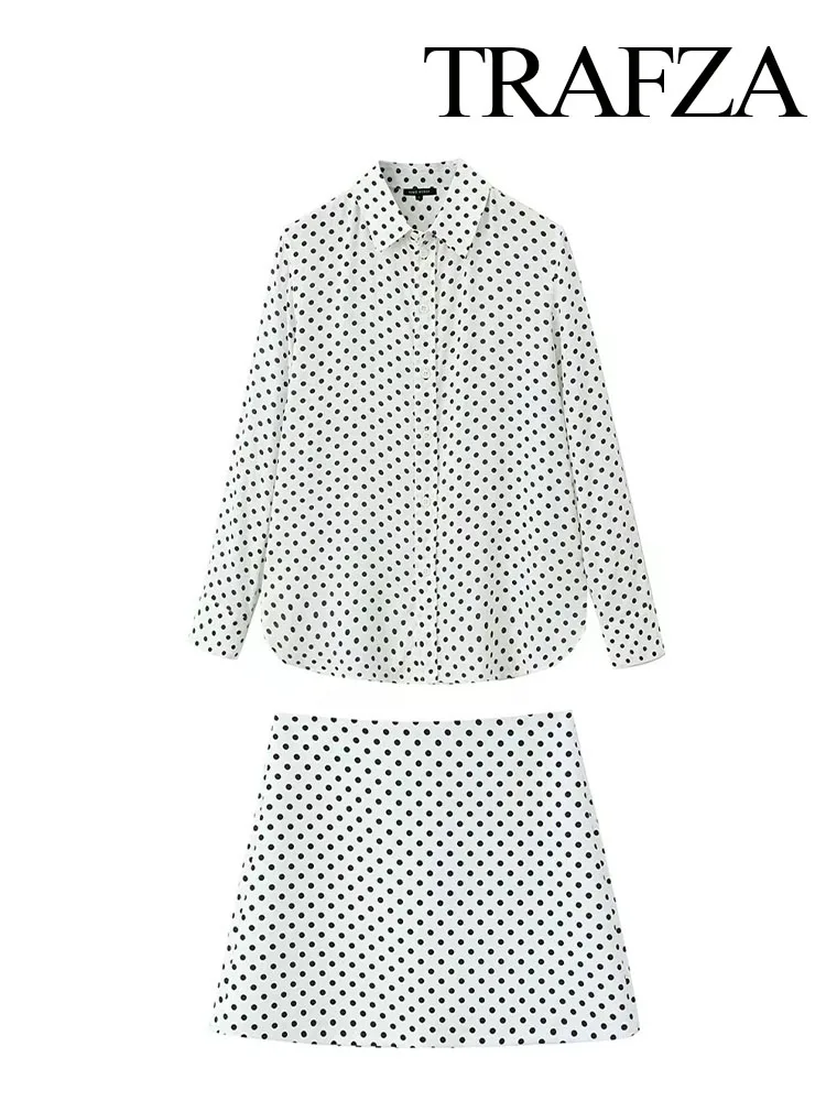 TRAFZA Women 2 Piece Set Polka Dot Print Single-Breasted Lapel Decorate Loose Shirt Top+Elegant Back Zipper Mini A-Line Skirt