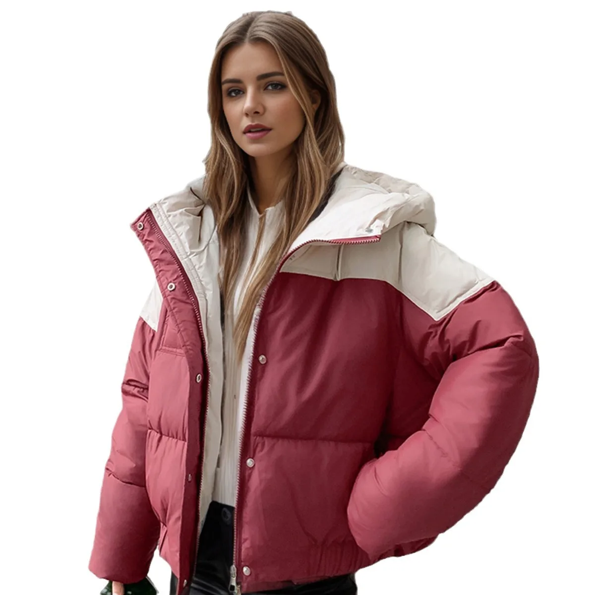 YJKDYK 2024 Winter Women\'s Cotton Jacket Female Contrast Hooded Thicken Warm Parkas Coats Top Women Street Fashion Jacket