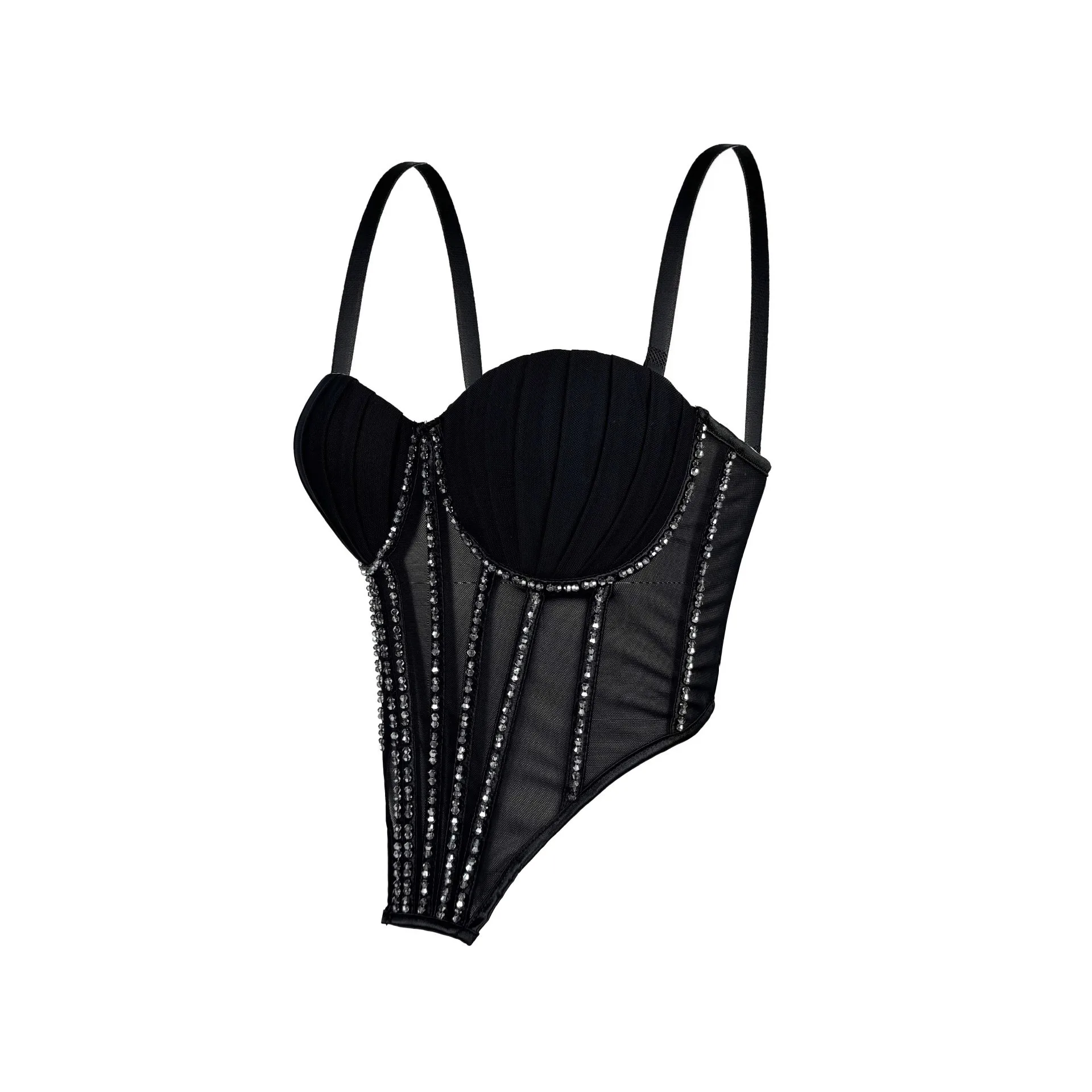 

Sexy Women's Lingerie Black Spaghetti Strap Camisole Mesh Red Crop Tank Top Crystal Slim Fit Vest Fishbone Sheer Panel Camisole