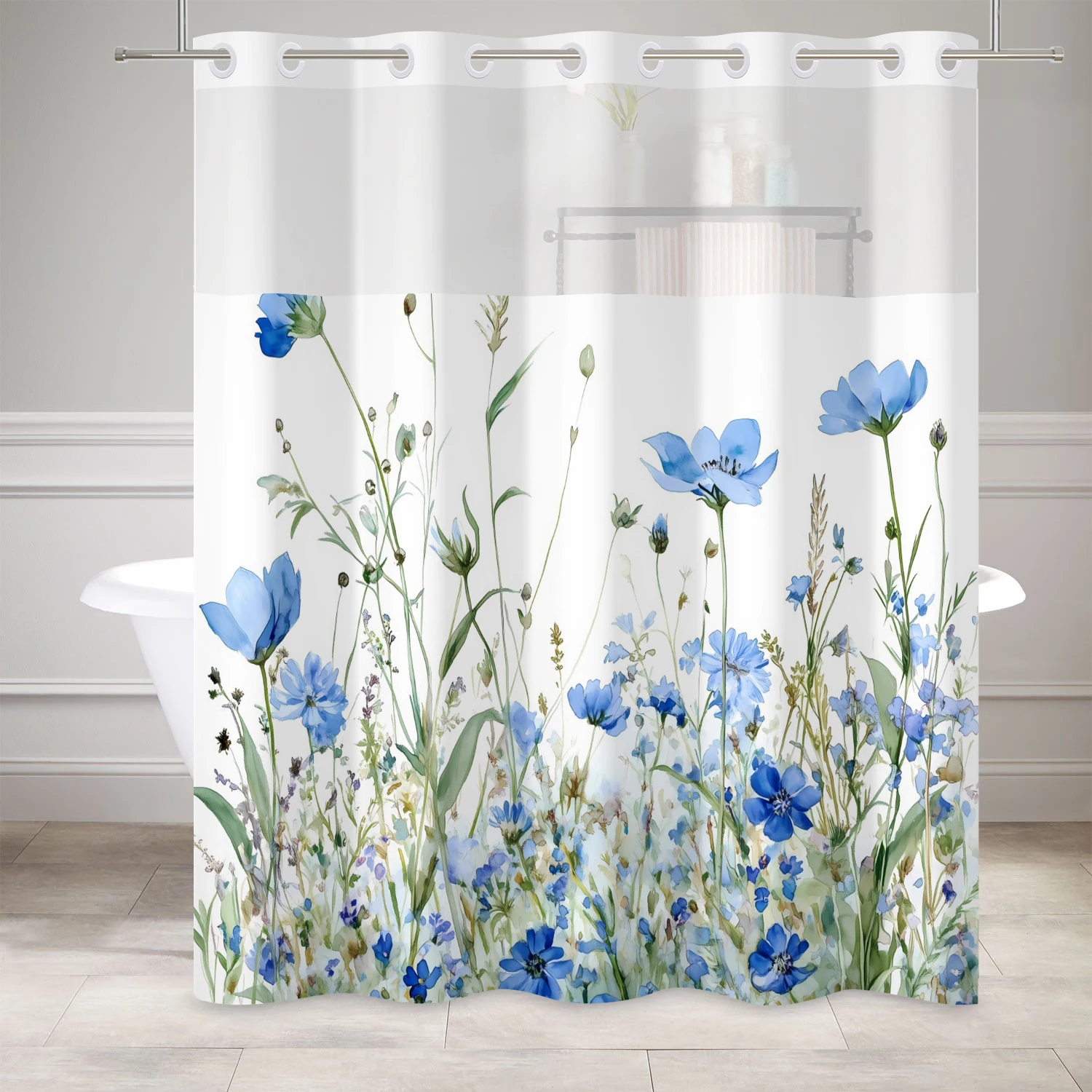 Premium Waterproof Shower Curtain Watercolor Flowers Design Inner Liner Easy to Hang Elegant Bathroom Decoration Privacy Curtain
