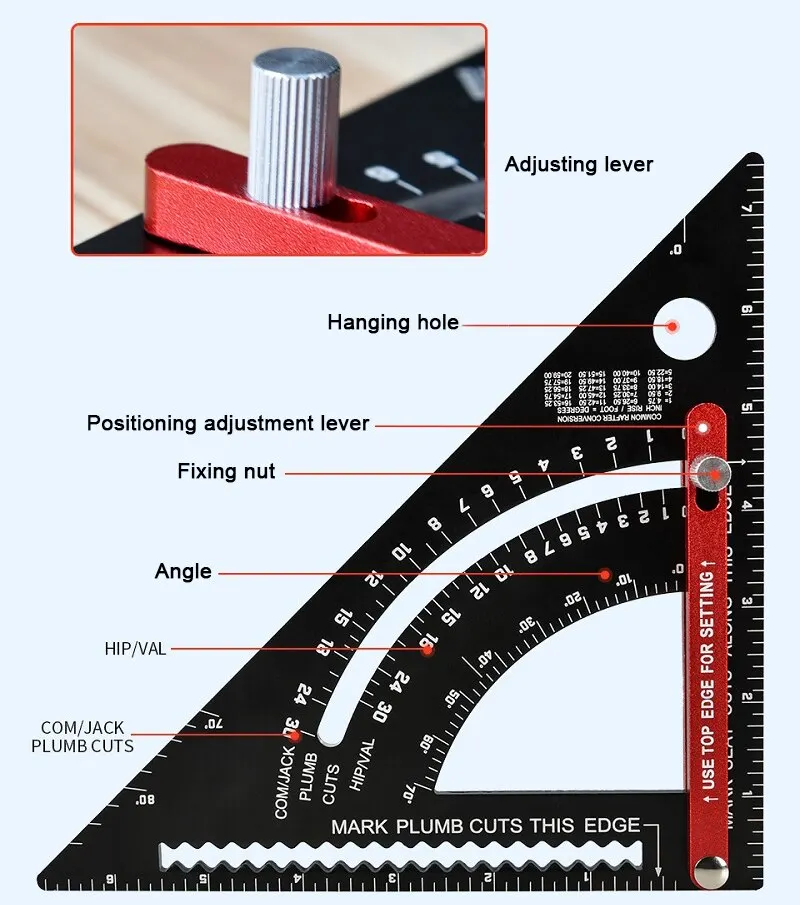 Règle triangulaire en alliage d'aluminium de 7 pouces, rapporteur MeaccelerAngle, règle de mesure de charpentier, outils de travail de calcul, instruments de mesure