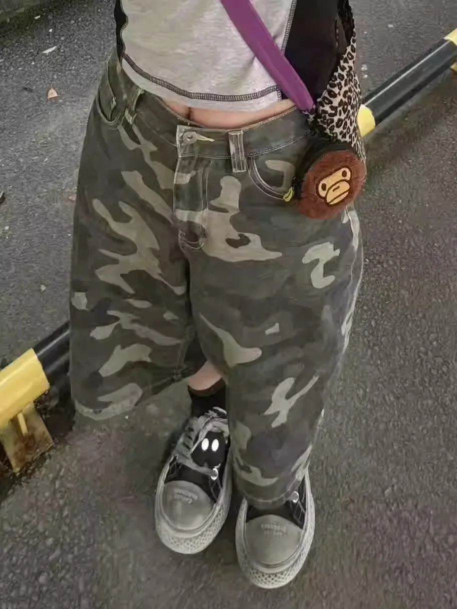 

American Sle Spicy Girl Camouflage orts Women Summer Low Waist Street Sle Loose Five-Point Jeans Straight Leg Medium-Le...