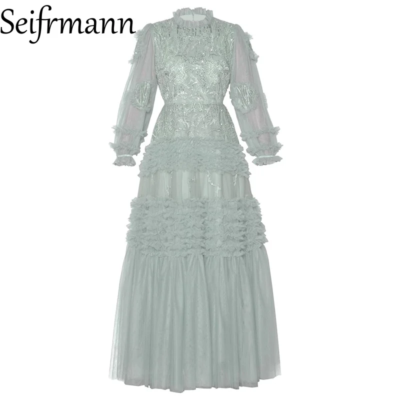 Seifrmann – robe lanterne à col rond pour femmes, nouvelle mode, manches longues, perles scintillantes, taille brodée, printemps 2026 ﻿