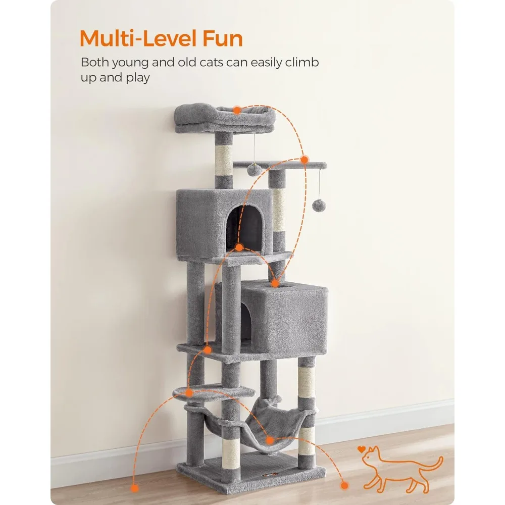 

Cat Tree, 61-Inch Cat Tower for Indoor Cats, Plush Multi-Level Cat Condo with 5 Scratching Posts, 2 Perches, 2 Caves, Hammock