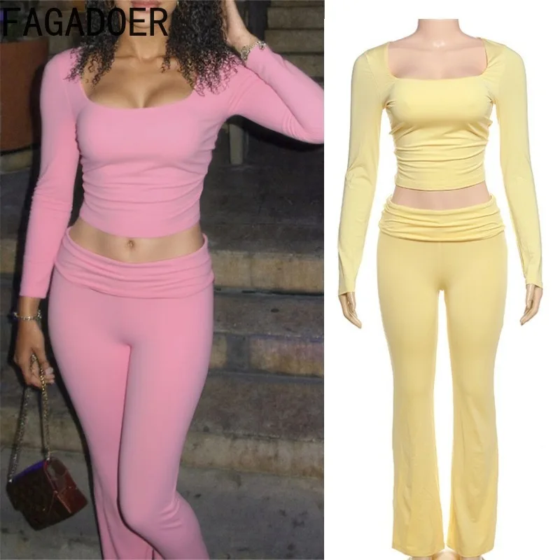 

FAGADOER Casual Sporty 2 Pieces Set for Woman Solid Color Square Neck Long Sleeves Crop Top and Pants Outfits Female Streetwear