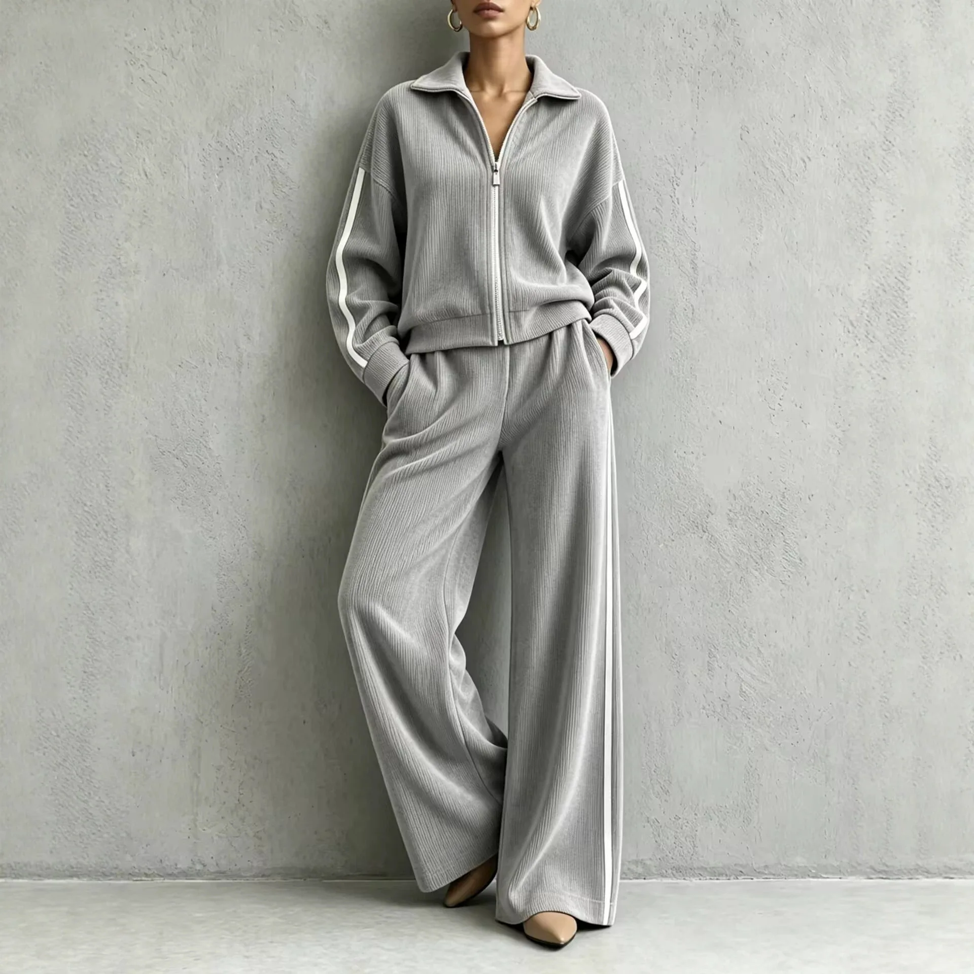 XXOWENLI Casual Knit Two‑Piece Set Lapel Half Zip Long Sleeve Striped Side Jacket High Waist Wide Leg Trousers Loose Daily Suit