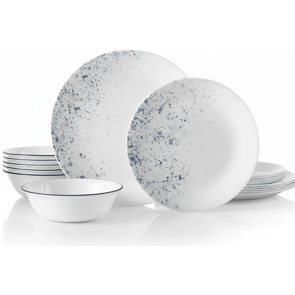 

18-Piece Dinnerware Set for 6, Triple-Layer Glass Plates & Bowls, Chip-Resistant & Lightweight, Indigo Speckle Design