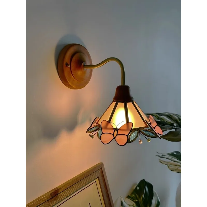 

Solid wood brass glass mirror headlamp bedroom bedside lamp creative medieval retro wall lamp