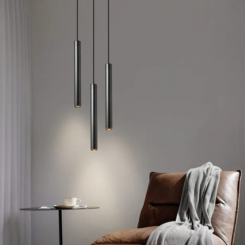 Minimalist LED Pendant Lights Black White Hanging Chandeliers Living Room Bedside Lights Long Tube Bar Pendant Lamp Suspension