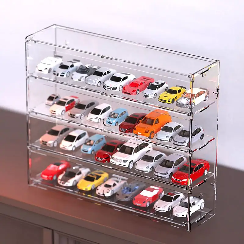 Acrílico Car Model Display Cabinet, Transparente, Dustproof, Turbina eólica Caixa de exibição, Toy Storage Box, 1/64 Car Model, 2-6 Camadas