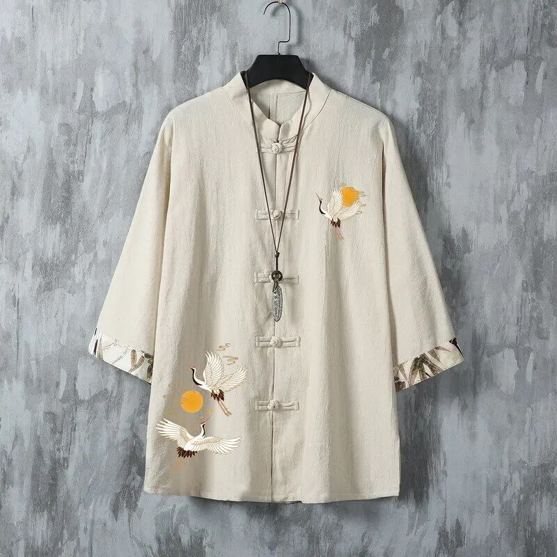 

Men's Summer Sun & Crane Embroidered Short Sleeve Mandarin Collar Shirt Lightweight Linen Casual Top with Frog Buttons for Man