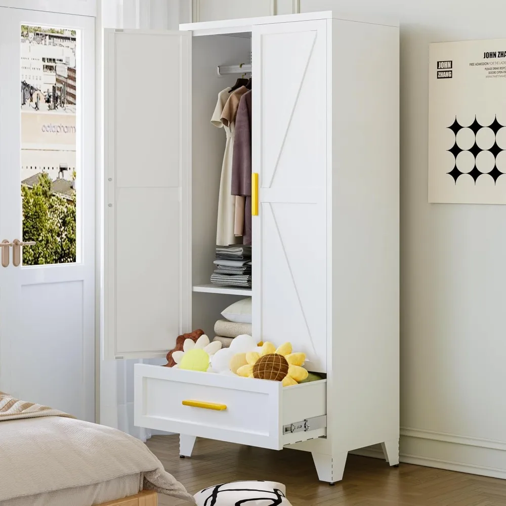 

71 Farmhouse Metal Wardrobe Closet with Hanging Rod, 2 Barn Doors, Adjustable Shelves, Steel Armoire with Drawer for Home