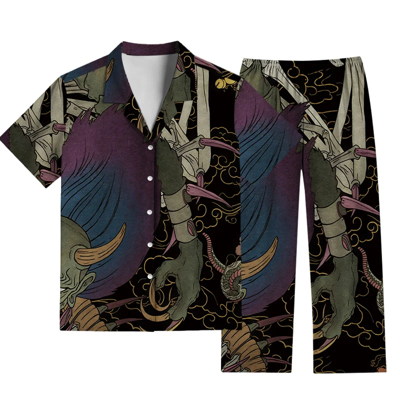 Men's Loose-Fit Short-Sleeve & Trouser Pajama Set – Dark-Style Yokai All-Over Print Casual Loungewear / Matching Family Style