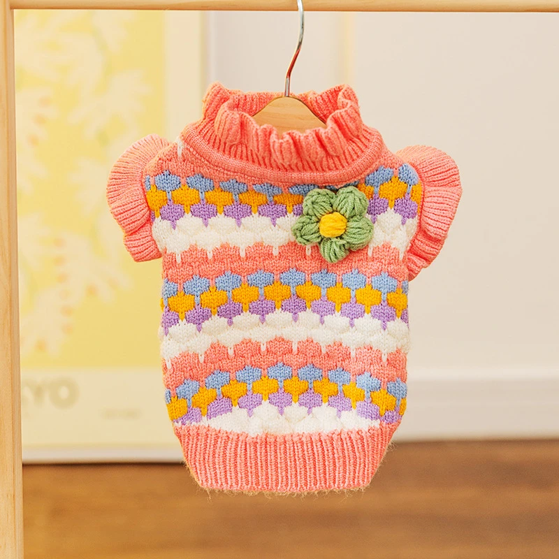 Sweet Flower Clothes for Small Medium Dog Autumn Winter Knitting Wool Pink Pet Cat Sweaters Warm French Bulldog Puppy Overalls