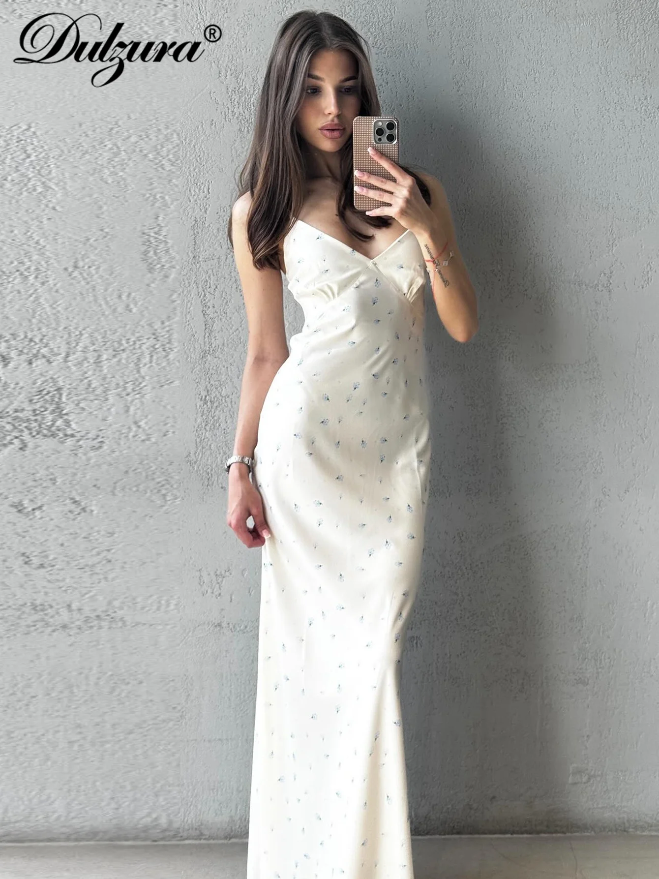 Dulzura Abito lungo da donna senza maniche, senza schienale, vestibilità slim, con spacco laterale, cerniera, stampa Cami, abito lungo, sexy, elegante, casual, abiti da festa