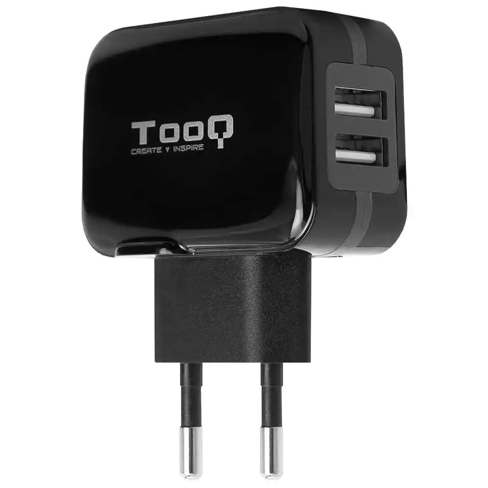 Tooq TQWC-1S02 Wall Charger with 2 USB Charging Power Adapter 2 Pin EU Europe Plug Black for Smartphones Tablets MP3