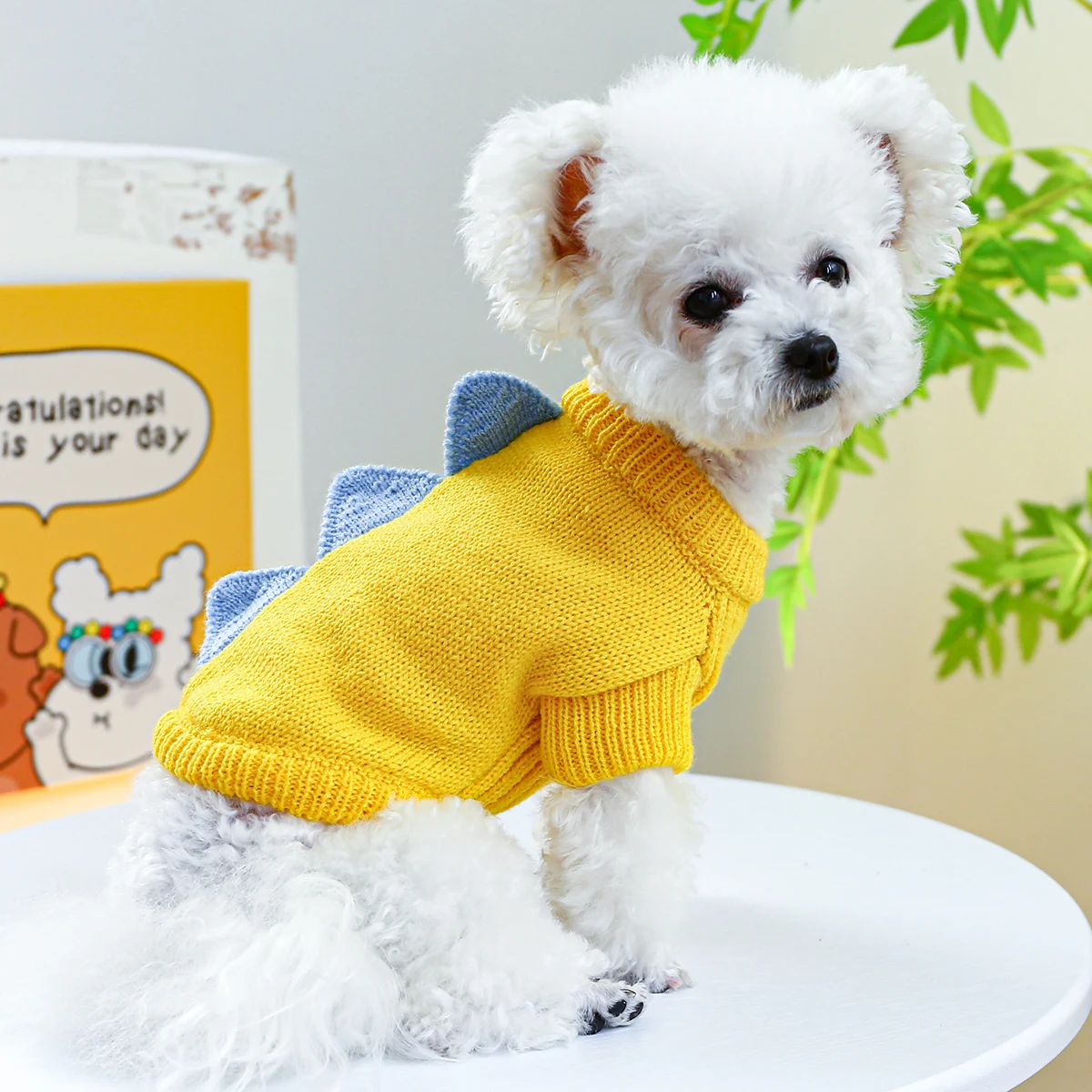 1PC Pet Wear Dog Spring, Autumn, and Winter Warm 3D Yellow Lovely Dinosaur Knit Pullover Sweater For Small Medium Dogs