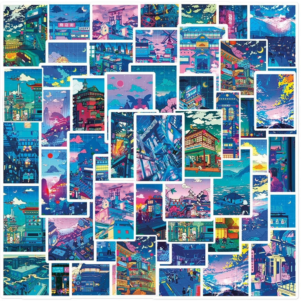 10/30/50pcs Anime Street Night View Stickers Cartoon Aesthetic Sticker DIY Notebook Luggage Laptop Phone Cute Decoration Decals