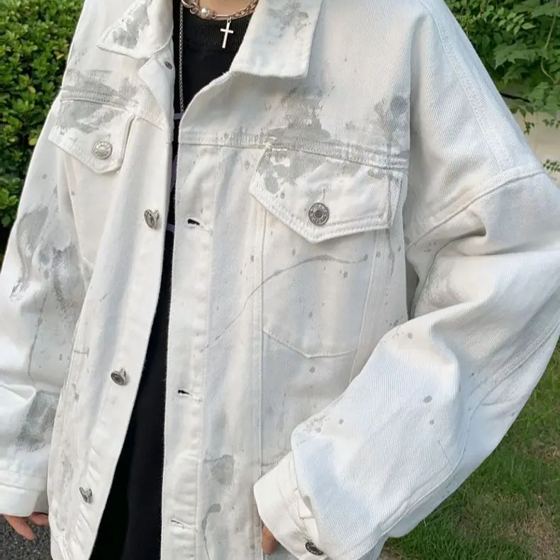 Reflecterende Graffiti Print Losse Turndown Hals Button Up Jas Fall Harajuku Streetwear Denim Jas Vrouwen Man Jeans Windjack